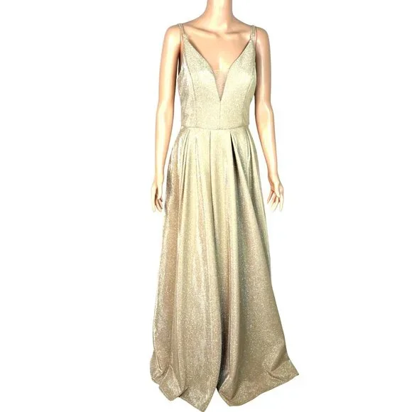 Metallic Gold Evening Gown By B. Smart With Plunging Back V-Neckline Adjustable - Picture 1 of 9